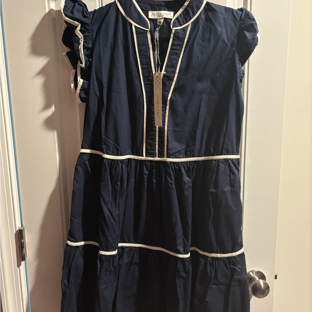 Navy Blue Kids Dress with White Trim